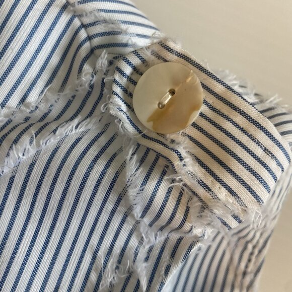 THML Striped Texture V‎ Neck Mini Dress Sz L Cotton Pockets Blue White Beach - Picture 10 of 12